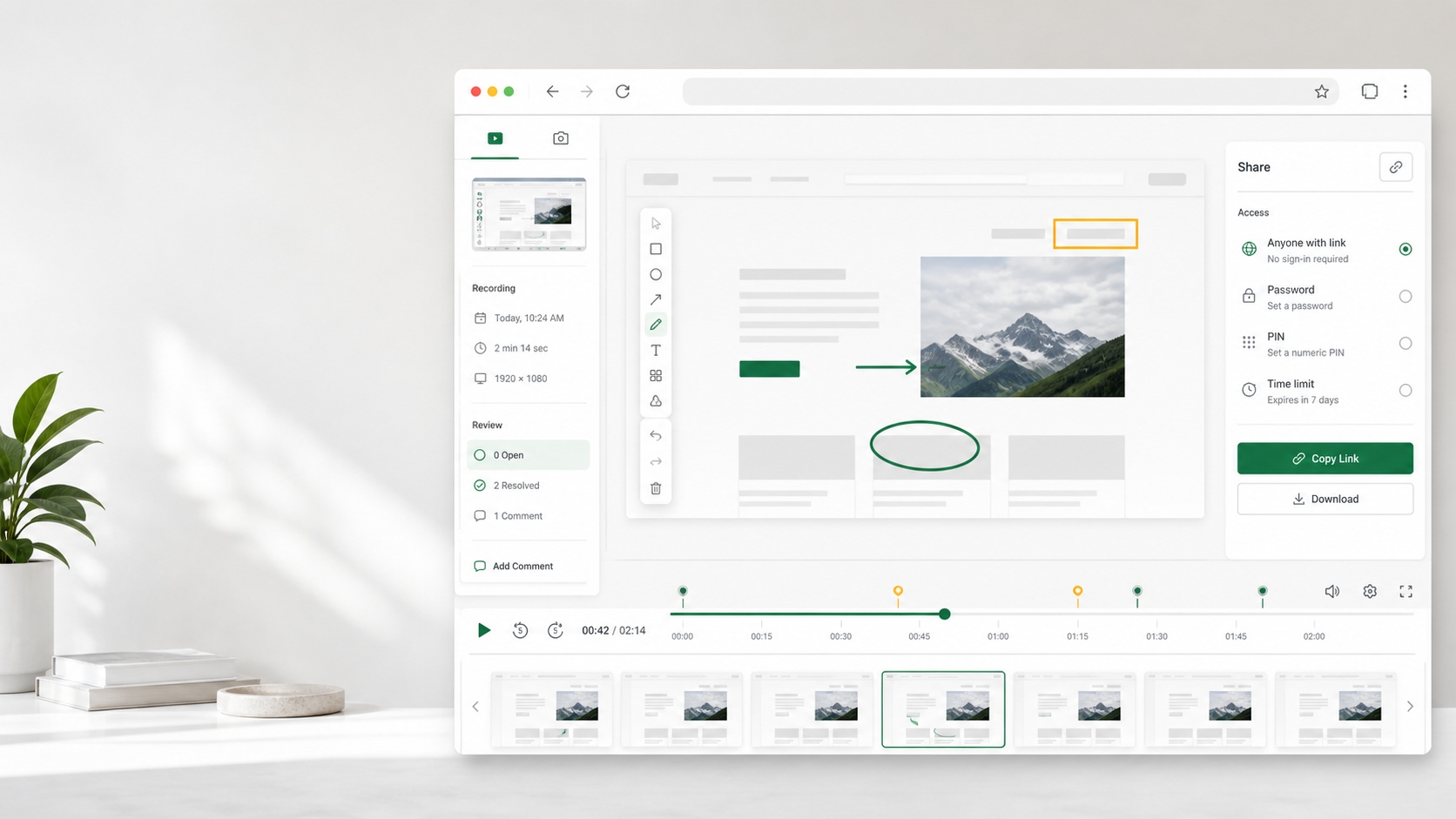 dx Capture workspace showing screenshot annotation, a review timeline, and secure sharing controls